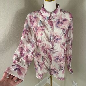 Bailey/44 Button Down Shirt Women L Purple Floral Cottagecore Watercolor Orchid